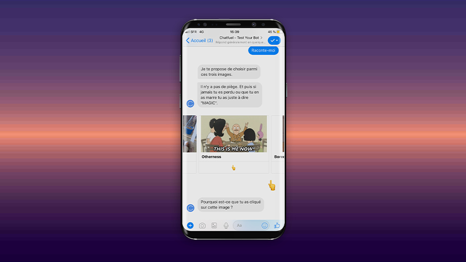 Conversation avec le chatbot de la nuit blanche, l'utilisateur a la possibilité de donner son humeur pour trouer son parcours