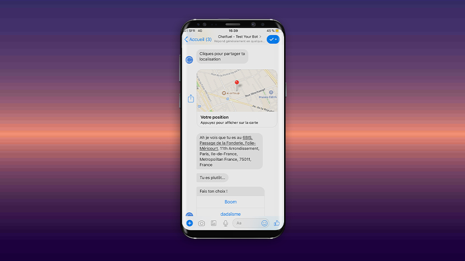 Conversation avec le chatbot de la nuit blanche - le Chatbot demande à l'utilisateur ce qu'il souhaite faire