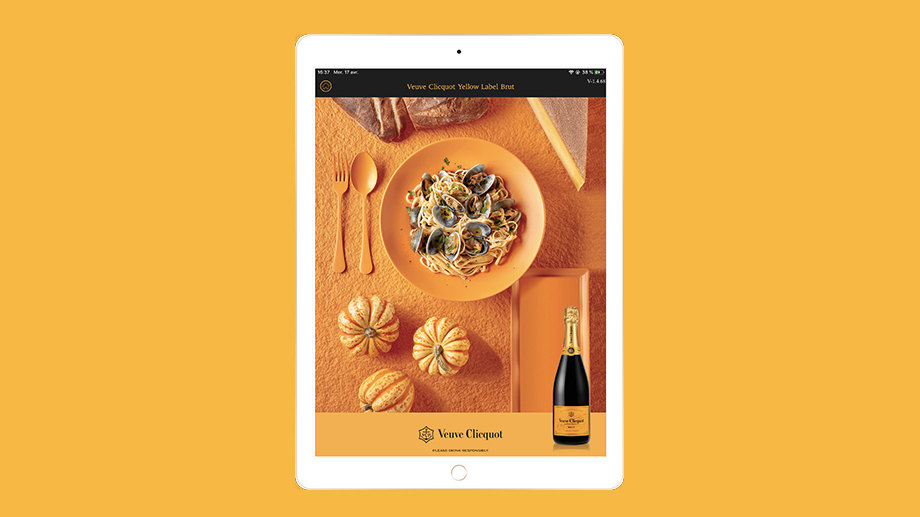 Ecran de l'application Food pairing Veuve Clicquot intégré dans un Ipad sur la page Yellow Label Brut
