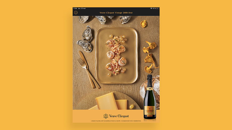 Ecran de l'application Food Pairing Veuve Clicquot sur la page du champagne Vintage 2006 Brut